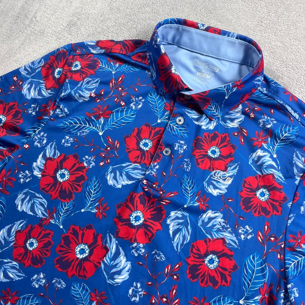 Good Good Golf Mens Floral Polo Shirt Blue Red Medium Performance Short Sleeve